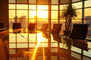 Fototapeta premium Sunlight streams through large windows of an empty modern conference room, reflecting off a glass table, creating a warm and inviting atmosphere