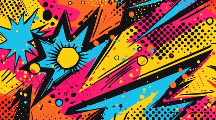 Fototapeta premium A vibrant, comic book-style explosion with colorful, dynamic shapes and dotted patterns in blue, yellow, pink, and orange
