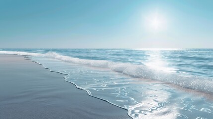 Naklejka premium Serene beach with gentle waves washing onto the shore under a bright sun in a clear sky, creating a tranquil and inviting seaside atmosphere