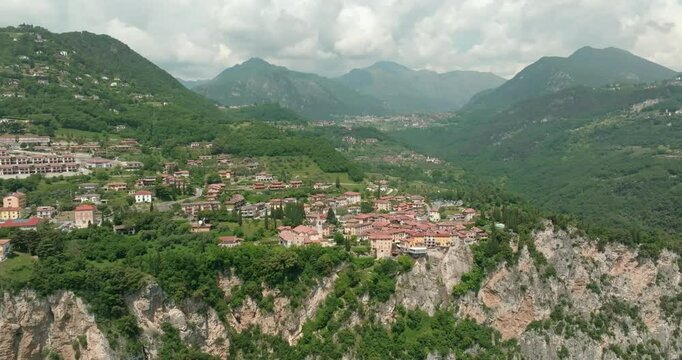 Aerial view of Lake Garda Pieve Italy. beautiful nature Urban landscape of a village on top of a mountain in a mountain nature landscape. High quality 4k footage