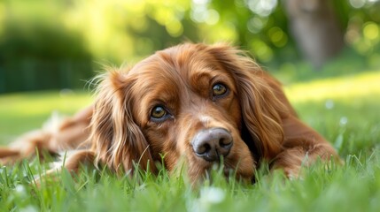 A golden retriever dog lies on the grass, looking up with soulful eyes, surrounded by a bright and lush outdoor setting