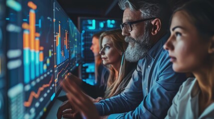A diverse group of professionals is intensely analyzing data visualizations on large screens in a tech-forward, modern office environment