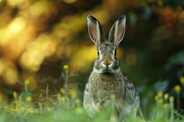 A rabbit stands alert in a field with yellow flowers, with a blurred natural background of warm, golden hues