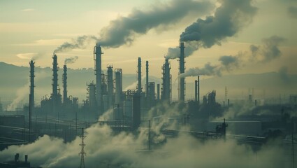 An expansive industrial facility with numerous smokestacks releasing thick plumes of smoke into the atmosphere, backlight by soft early morning light, creating a hazy environment.