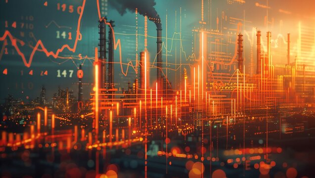 This image shows an industrial landscape with multiple data overlays, including graphs, numbers, and charts, illustrating economic trends and financial projections in the energy sector. - Powered by Adobe