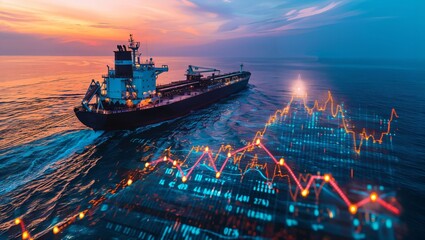 A large cargo ship navigates through the ocean during sunset, with an overlay of digital financial graphs and data, representing global shipping and trade analytics.