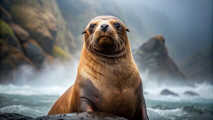 Obraz premium Hyper-realistic portrait of a majestic Steller sea lion, Eumetopias jubatus, showcasing dewy whiskers and piercing brown eyes in misty ambiance.