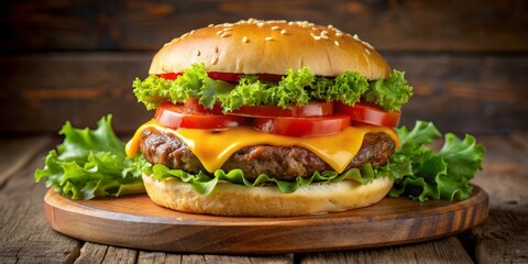 Juicy Cheeseburger with Sesame Seed Bun on Wooden Board, Food Photography , Burger , Fast Food , Delicious , Cheeseburger