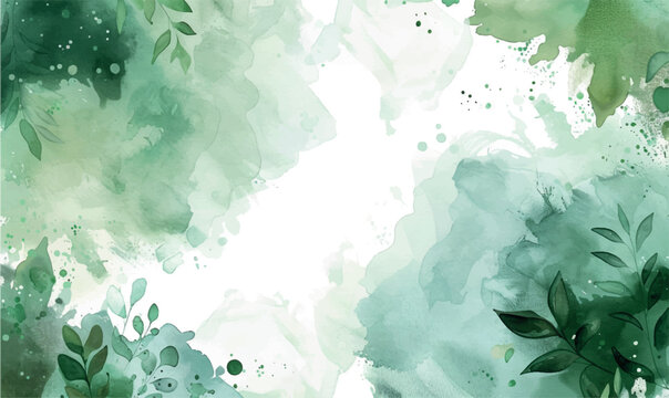 Background watercolor rectangle frame, green colors, isolated on white, leaves	
