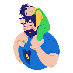 Vector background with happy fathers day, web banner, poster. Dad holds the boy on his shoulders in the heart of the fire. Warm hugs, love, tenderness. Blue isolated characters. Cute illustration