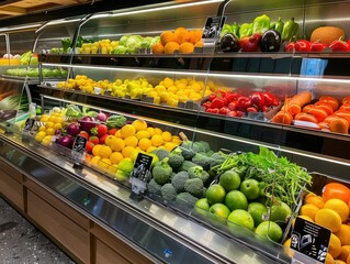Obraz premium A bountiful and colorful assortment of fresh, vibrant vegetables and fruits beautifully arranged on a self-service counter, creating an inviting and healthy food display for customers.