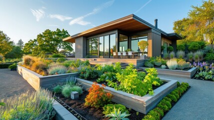 Fototapeta premium Modern ranch with a custom-designed, modular garden that allows for seasonal changes and easy maintenance