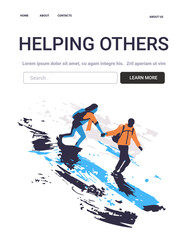 Fototapeta premium Helping Others Mental Health Concept two people hiking on a mountain one helping the other up abstract background website design
