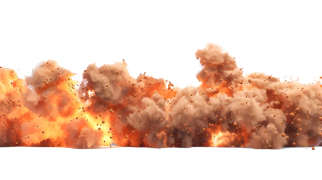 Border line of Fire Bombs with Brown dust and smoke isolated on transparent background