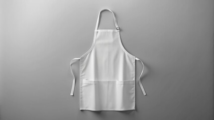 Clean white apron mock-up isolated on soft gray background, empty, crisp, and ironed, with a slight fold at the bottom.