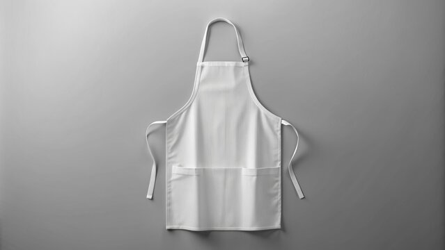 Clean white apron mock-up isolated on soft gray background, empty, crisp, and ironed, with a slight fold at the bottom.