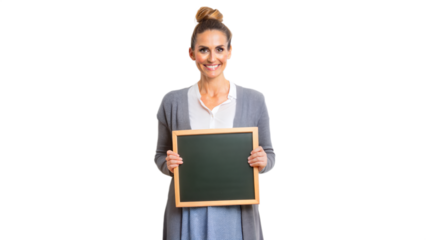 Happy Teacher Holding Blank Chalkboard For Back To School