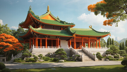 The image shows a traditional Chinese-style temple with a multi-tiered roof, surrounded by trees and a garden.

