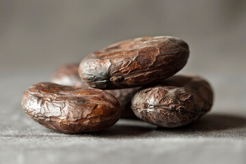 Close-up of roasted cocoa beans against a neutral background, highlighting their glossy surface and dark brown color. The beans are arranged symmetrically, emphasizing their uniformity and quality
