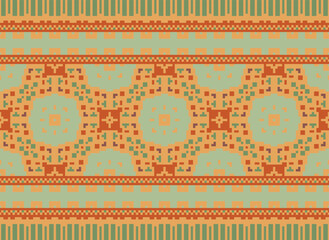 Pixel Ethnic Oriental Pattern Traditional Design for Clothing Fabric Textile Aztec African Indonesian Indian Seamless Pattern. Cross Stitch Embroidery Seamless.