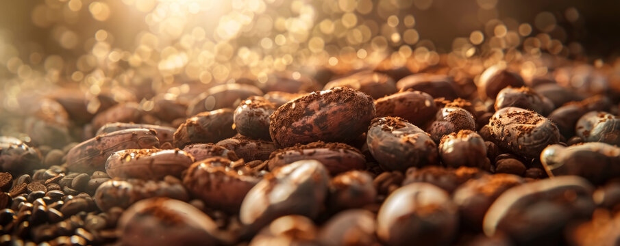 Close-up of roasted cocoa beans against a neutral background, highlighting their glossy surface and dark brown color. The beans are arranged symmetrically, emphasizing their uniformity and quality