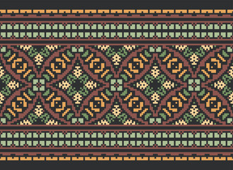 Pixel Ethnic Oriental Pattern Traditional Design for Clothing Fabric Textile Aztec African Indonesian Indian Seamless Pattern. Cross Stitch Embroidery Seamless.