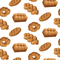 pattern of colored baking drawings, a natural illustration. Natural color scheme. Delicious bread pastries different types of bakery products. Suitable for baking in cafes, bakeries. diversity chaos