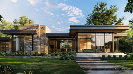 Fototapeta premium Modern ranch with a front facade featuring alternating panels of glass and polished stone