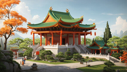 Obraz premium The image shows a traditional Chinese-style temple with a multi-tiered roof, surrounded by trees and a garden.