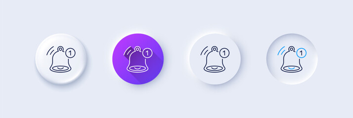 Reminder line icon. Neumorphic, Purple gradient, 3d pin buttons. Notice bell sign. Notification message symbol. Line icons. Neumorphic buttons with outline signs. Vector