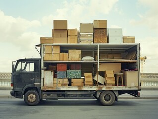 An overloaded truck carrying numerous boxes and furniture, displaying the immense volume of goods being transported, representing a lack of adherence to safety regulations.