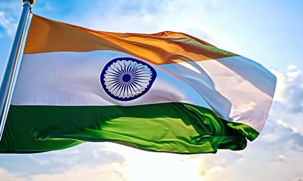 A large green, white and red Indian flag is flying in the sky. The flag is a symbol of the country's independence and pride