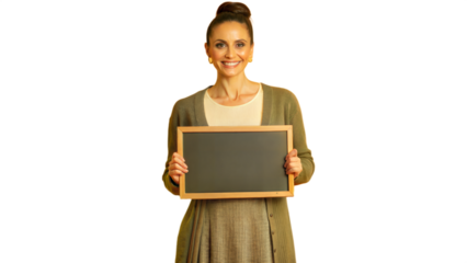 Smiling Woman Holding Blank Chalkboard for Message