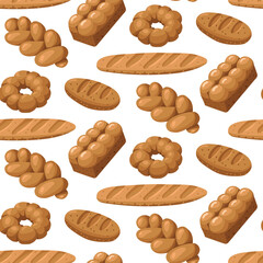 Pattern of colored baking drawings, a natural illustration. Natural color scheme. Delicious bread pastries from different types of bakery products. Suitable for baking in cafes, bakeries on white