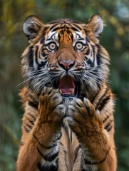 A very surprised and shocked tiger with its mouth open and paws touching its head. Funny inspired animal