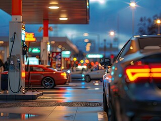 A busy gas station with multiple vehicles refueling, while people bustle about in the background. The scene is lit with bright sunlight on a bustling day.