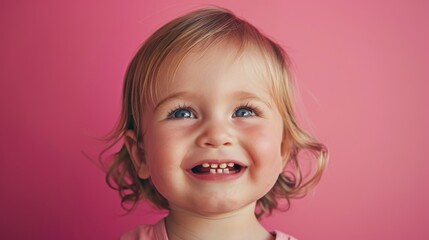A high-resolution image of a beaming young child against a solid pink background, with clear, natural lighting that accentuates sharp details and vibrant hues, creating a joyful and lively atmosphere.