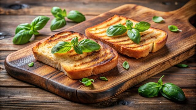 Toasted golden two slices of bread situates on rustic wooden cutting board surrounded by flourishes of green fresh basil leaves.