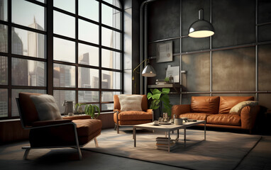Obraz premium Stylish loft with luxurious leather armchair