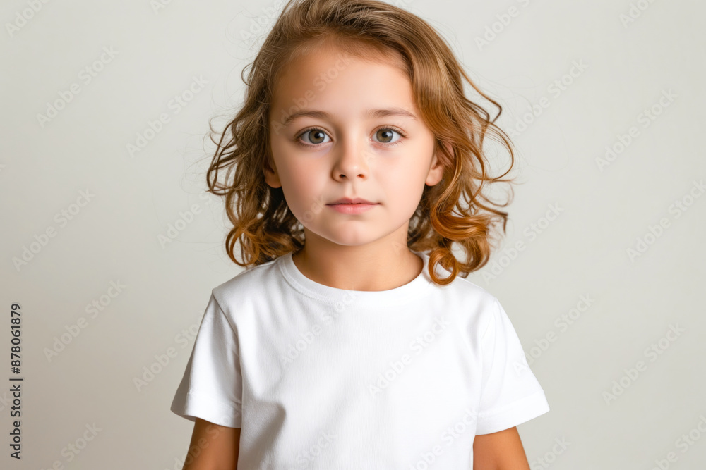 Poster a little girl with curly hair wearing a white t-shirt.