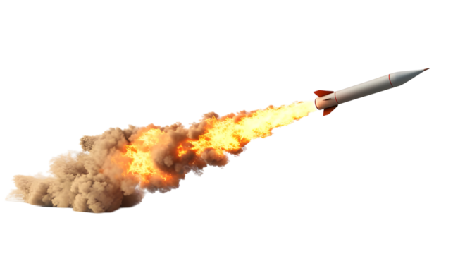 a futuristic Rocket Missile moving with speed leaving a fire trail behind with smoke and dust isolated on transparent background