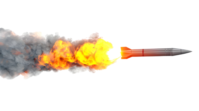 a futuristic Rocket Missile moving with speed leaving a fire trail behind with smoke and dust isolated on transparent background