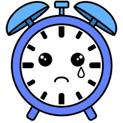 A cartoonish alarm clock with a sad face. The clock is blue and white