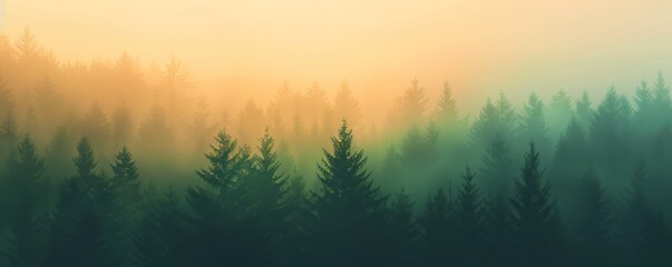 Fototapeta premium Sunrise Over Misty Evergreen Forest. Serene Nature Landscape with Fog and Silhouettes