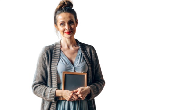Smiling Woman Holding Picture Frame in Casual Clothing