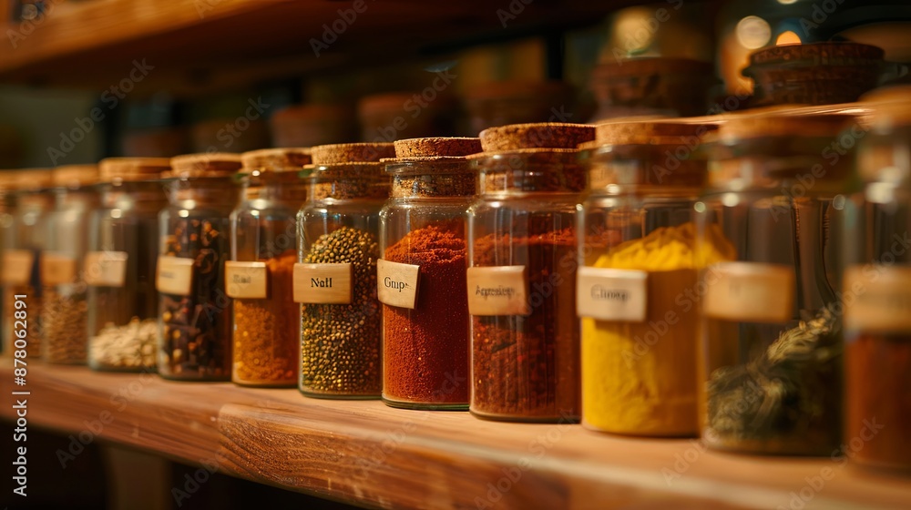 Poster close-up of spice-filled glass jars with cork lids on a wooden shelf labeled with names like paprika