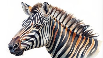 Fototapeta premium Vibrant watercolor illustration of a majestic African zebra's head, striking black and white stripes, isolated on a clean white background.