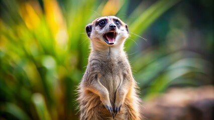 Obraz premium A joyful meerkat stands upright, its mouth agape, appearing to laugh or vocalize, set against a blurred natural background.