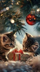 Playful kittens having fun with a small present amidst the twinkling lights and colorful decorations of a beautifully adorned christmas tree, spreading holiday joy and cheer.