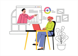 People Presenting Data Concept Illustration. Present Analysis Data with Coworkers Online Illustration